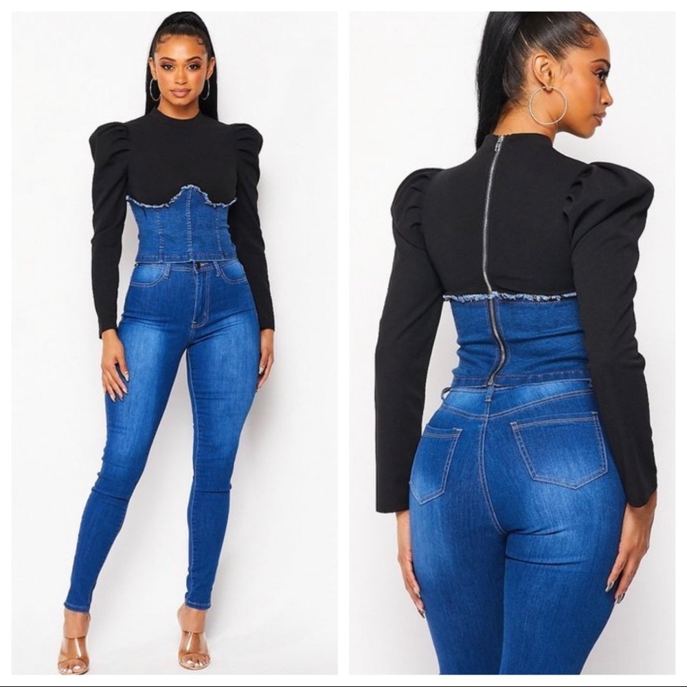 NEW TRENDY BLACK STATEMENT SLEEVES DENIM TOP